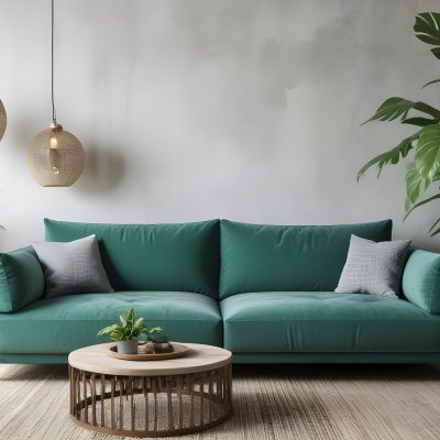 Green Velvet Sofa With Wooden Coffee Table Hanging Light Fixture And Potted Plant In A Modern Living Room Interior 46 D264
