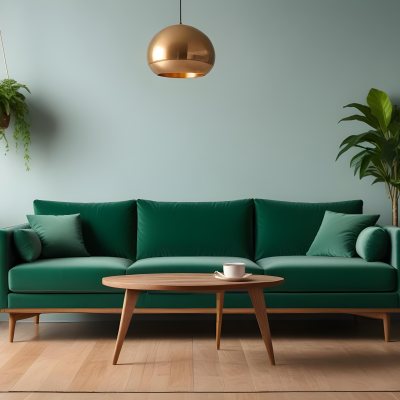 Green Velvet Sofa With Wooden Coffee Table Hanging Light Fixture And Potted Plant In A Modern Living Room Interior 5 9367