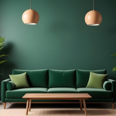 Green Velvet Sofa With Wooden Coffee Table Hanging Light Fixture And Potted Plant In A Modern Living Room Interior 8 E7ee