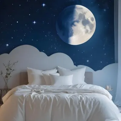 Minimal Soft Studio Light Photography A Cozy Bedroom With A Large Full Moon And Starry Night Sky Visible Through The Window The Room Has Plush White Bedding And Pillows Creating A Serene And Calming Atmosphere High De 14 8381