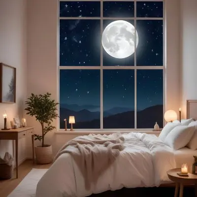 Minimal Soft Studio Light Photography A Cozy Bedroom With A Large Full Moon And Starry Night Sky Visible Through The Window The Room Has Plush White Bedding And Pillows Creating A Serene And Calming Atmosphere High De 15 3784