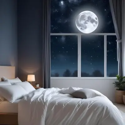 Minimal Soft Studio Light Photography A Cozy Bedroom With A Large Full Moon And Starry Night Sky Visible Through The Window The Room Has Plush White Bedding And Pillows Creating A Serene And Calming Atmosphere High De 16 47a6