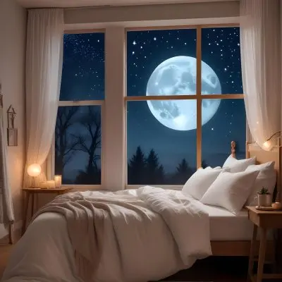 Minimal Soft Studio Light Photography A Cozy Bedroom With A Large Full Moon And Starry Night Sky Visible Through The Window The Room Has Plush White Bedding And Pillows Creating A Serene And Calming Atmosphere High De 3 Da3d