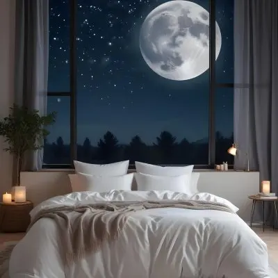 Minimal Soft Studio Light Photography A Cozy Bedroom With A Large Full Moon And Starry Night Sky Visible Through The Window The Room Has Plush White Bedding And Pillows Creating A Serene And Calming Atmosphere High De 4 1963