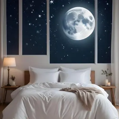 Minimal Soft Studio Light Photography A Cozy Bedroom With A Large Full Moon And Starry Night Sky Visible Through The Window The Room Has Plush White Bedding And Pillows Creating A Serene And Calming Atmosphere High De 5 195d