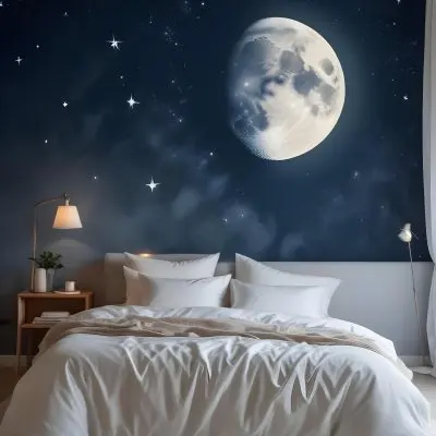 Minimal Soft Studio Light Photography A Cozy Bedroom With A Large Full Moon And Starry Night Sky Visible Through The Window The Room Has Plush White Bedding And Pillows Creating A Serene And Calming Atmosphere High De 6 Cf80
