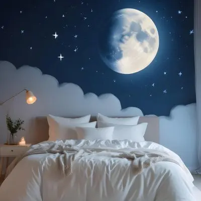 Minimal Soft Studio Light Photography A Cozy Bedroom With A Large Full Moon And Starry Night Sky Visible Through The Window The Room Has Plush White Bedding And Pillows Creating A Serene And Calming Atmosphere High De 7 A68f