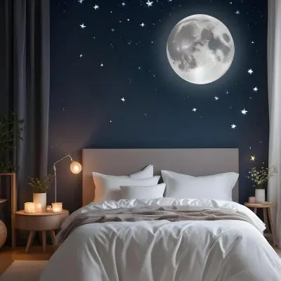 Minimal Soft Studio Light Photography A Cozy Bedroom With A Large Full Moon And Starry Night Sky Visible Through The Window The Room Has Plush White Bedding And Pillows Creating A Serene And Calming Atmosphere High De 8 3e7e