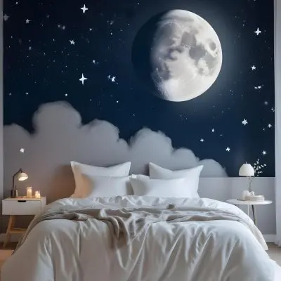 Minimal Soft Studio Light Photography A Cozy Bedroom With A Large Full Moon And Starry Night Sky Visible Through The Window The Room Has Plush White Bedding And Pillows Creating A Serene And Calming Atmosphere High De 9 25c7