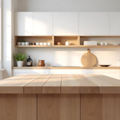 Wooden Table In A Bright Kitchen With White Cabinets And Shelves Window On The Left Clean And Minimalist Design 1 A518