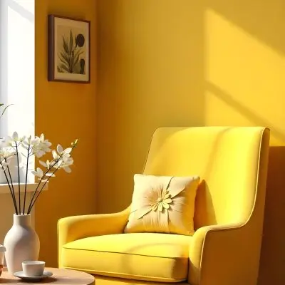 Yellow Armchair With A Flower Pillow Next To A Wooden Table With A Vase Of White Flowers A Cup Of Tea And A Candle With A Yellow Wall And A Framed Picture In The Background 11 3a05