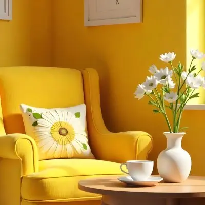 Yellow Armchair With A Flower Pillow Next To A Wooden Table With A Vase Of White Flowers A Cup Of Tea And A Candle With A Yellow Wall And A Framed Picture In The Background 13 C2c4