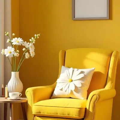 Yellow Armchair With A Flower Pillow Next To A Wooden Table With A Vase Of White Flowers A Cup Of Tea And A Candle With A Yellow Wall And A Framed Picture In The Background 16 4dae
