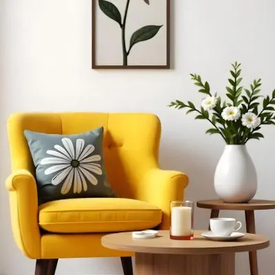 Yellow Armchair With A Flower Pillow Next To A Wooden Table With A Vase Of White Flowers A Cup Of Tea And A Candle With A Yellow Wall And A Framed Picture In The Background 17 943b