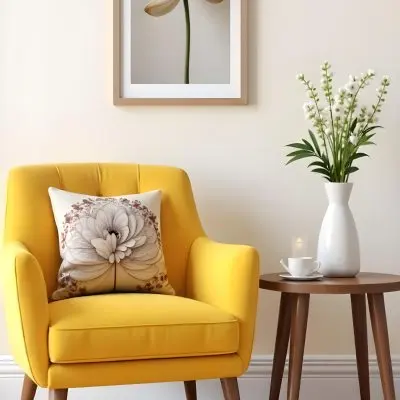 Yellow Armchair With A Flower Pillow Next To A Wooden Table With A Vase Of White Flowers A Cup Of Tea And A Candle With A Yellow Wall And A Framed Picture In The Background 18 9e21