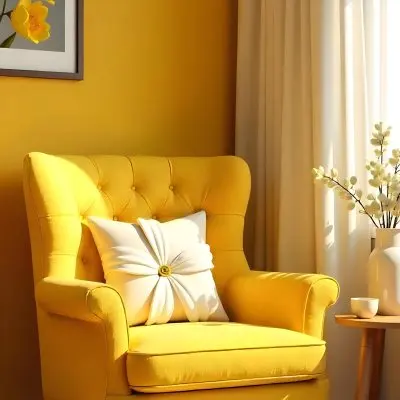 Yellow Armchair With A Flower Pillow Next To A Wooden Table With A Vase Of White Flowers A Cup Of Tea And A Candle With A Yellow Wall And A Framed Picture In The Background 2 E929
