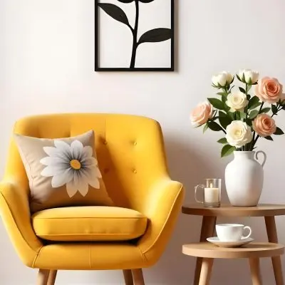 Yellow Armchair With A Flower Pillow Next To A Wooden Table With A Vase Of White Flowers A Cup Of Tea And A Candle With A Yellow Wall And A Framed Picture In The Background 20 Cbf7
