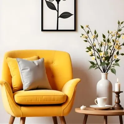 Yellow Armchair With A Flower Pillow Next To A Wooden Table With A Vase Of White Flowers A Cup Of Tea And A Candle With A Yellow Wall And A Framed Picture In The Background 24 B3fb