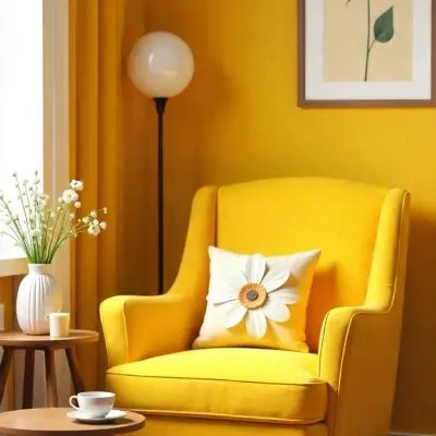 Yellow Armchair With A Flower Pillow Next To A Wooden Table With A Vase Of White Flowers A Cup Of Tea And A Candle With A Yellow Wall And A Framed Picture In The Background 3 7ade