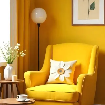 Yellow Armchair With A Flower Pillow Next To A Wooden Table With A Vase Of White Flowers A Cup Of Tea And A Candle With A Yellow Wall And A Framed Picture In The Background 4 8fd1