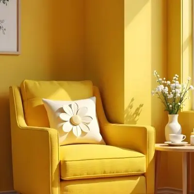 Yellow Armchair With A Flower Pillow Next To A Wooden Table With A Vase Of White Flowers A Cup Of Tea And A Candle With A Yellow Wall And A Framed Picture In The Background 5 F671