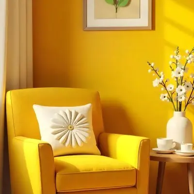 Yellow Armchair With A Flower Pillow Next To A Wooden Table With A Vase Of White Flowers A Cup Of Tea And A Candle With A Yellow Wall And A Framed Picture In The Background 6 672c