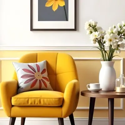 Yellow Armchair With A Flower Pillow Next To A Wooden Table With A Vase Of White Flowers A Cup Of Tea And A Candle With A Yellow Wall And A Framed Picture In The Background 7 Ed4e