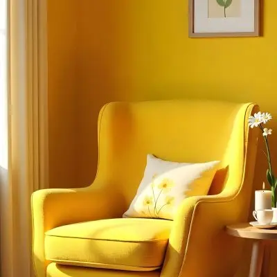 Yellow Armchair With A Flower Pillow Next To A Wooden Table With A Vase Of White Flowers A Cup Of Tea And A Candle With A Yellow Wall And A Framed Picture In The Background 8 3daf