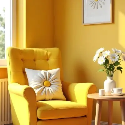 Yellow Armchair With A Flower Pillow Next To A Wooden Table With A Vase Of White Flowers A Cup Of Tea And A Candle With A Yellow Wall And A Framed Picture In The Background 9 Ea5e