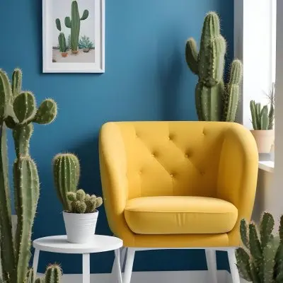 Yellow Armchair With A White Frame On The Wall And A White Table With Cactuses In A Blue Room 10 56dd