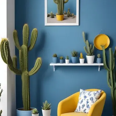 Yellow Armchair With A White Frame On The Wall And A White Table With Cactuses In A Blue Room 12 8d00