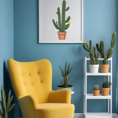 Yellow Armchair With A White Frame On The Wall And A White Table With Cactuses In A Blue Room 14 84e8