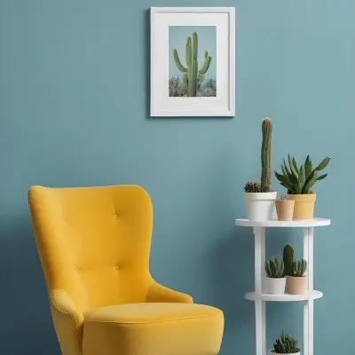Yellow Armchair With A White Frame On The Wall And A White Table With Cactuses In A Blue Room 21 0b8e