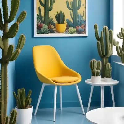 Yellow Armchair With A White Frame On The Wall And A White Table With Cactuses In A Blue Room 24 6990