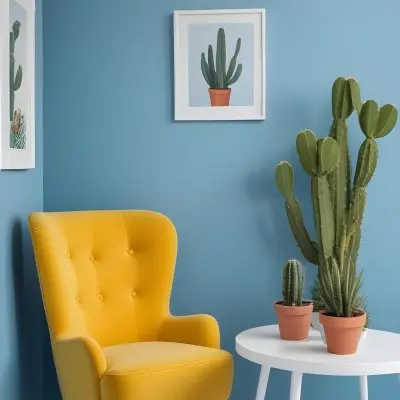 Yellow Armchair With A White Frame On The Wall And A White Table With Cactuses In A Blue Room 30 202e