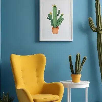 Yellow Armchair With A White Frame On The Wall And A White Table With Cactuses In A Blue Room 32 2a76