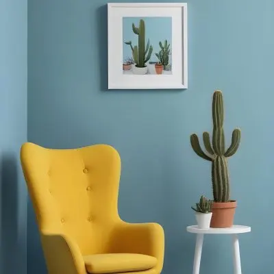 Yellow Armchair With A White Frame On The Wall And A White Table With Cactuses In A Blue Room 9 175a