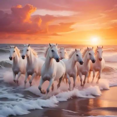 Minimal Soft Studio Light Photography A Herd Of White Horses Galloping Through The Waves At Sunset With A Vibrant Orange And Pink Sky In The Background High Detail Solid Bold Color Background 57 1211