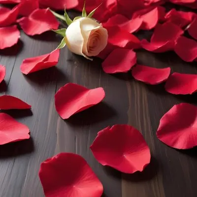 35mm Film Photography Red Rose Petals Scattered On A Wooden Surface The Petals Vary In Orientation And Overlap Slightly Creating A Vibrant Contrast Against The Dark Wood White Rose Petals Scattered On A Metal Surface 17 28fe