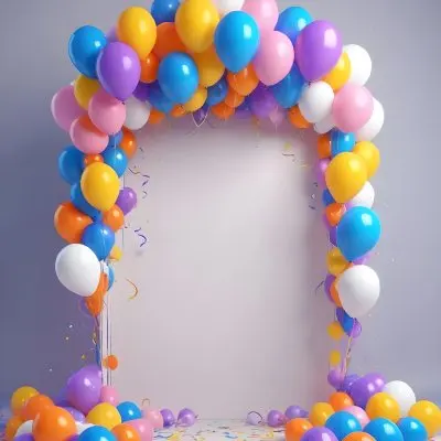 3d Model A Blank White Center Surrounded By Colorful Balloons In Various Shades Including Blue Yellow Pink Purple And Orange The Balloons Are Accompanied By Colorful Streamers And A Sparkly Blue Border Creat 16 E847