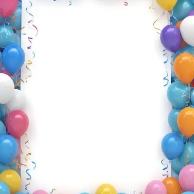 3d Model A Blank White Center Surrounded By Colorful Balloons In Various Shades Including Blue Yellow Pink Purple And Orange The Balloons Are Accompanied By Colorful Streamers And A Sparkly Blue Border Creat 26 7161