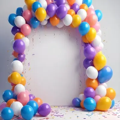 3d Model A Blank White Center Surrounded By Colorful Balloons In Various Shades Including Blue Yellow Pink Purple And Orange The Balloons Are Accompanied By Colorful Streamers And A Sparkly Blue Border Creat 3 F70f