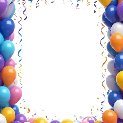 3d Model A Blank White Center Surrounded By Colorful Balloons In Various Shades Including Blue Yellow Pink Purple And Orange The Balloons Are Accompanied By Colorful Streamers And A Sparkly Blue Border Creat 4 9626