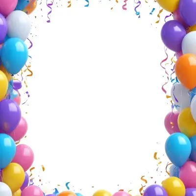 3d Model A Blank White Center Surrounded By Colorful Balloons In Various Shades Including Blue Yellow Pink Purple And Orange The Balloons Are Accompanied By Colorful Streamers And A Sparkly Blue Border Creat 6 F609