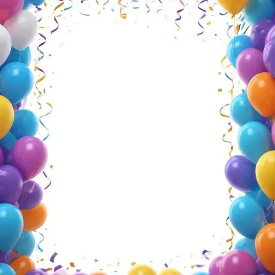 3d Model A Blank White Center Surrounded By Colorful Balloons In Various Shades Including Blue Yellow Pink Purple And Orange The Balloons Are Accompanied By Colorful Streamers And A Sparkly Blue Border Creat 8 1082