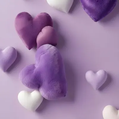 3d Model A Close Up View Of Several Heart Shaped Objects In Various Shades Of Purple And White The Objects Appear To Be Made Of A Soft Plush Material And Are Arranged In A Decorative Manner Against A Plain Light P 11 B6b3