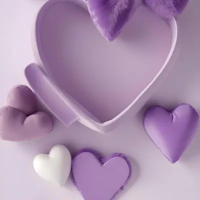 3d Model A Close Up View Of Several Heart Shaped Objects In Various Shades Of Purple And White The Objects Appear To Be Made Of A Soft Plush Material And Are Arranged In A Decorative Manner Against A Plain Light P 12 328f