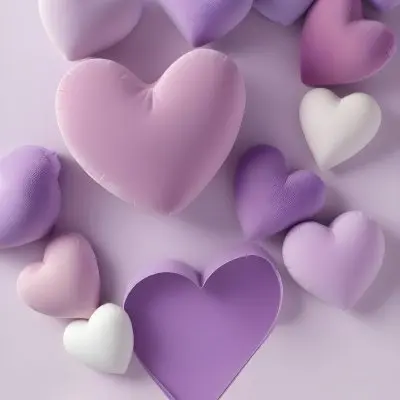 3d Model A Close Up View Of Several Heart Shaped Objects In Various Shades Of Purple And White The Objects Appear To Be Made Of A Soft Plush Material And Are Arranged In A Decorative Manner Against A Plain Light P 5 89f6