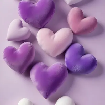 3d Model A Close Up View Of Several Heart Shaped Objects In Various Shades Of Purple And White The Objects Appear To Be Made Of A Soft Plush Material And Are Arranged In A Decorative Manner Against A Plain Light P 9 9995