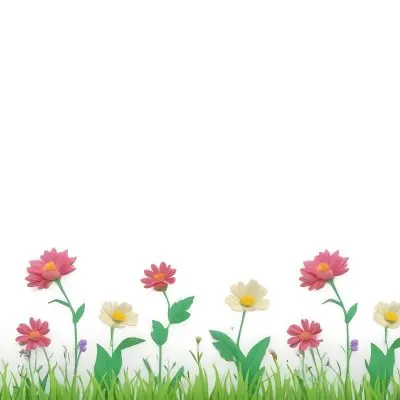 3d Model A Colorful Border Of Various Flowers Including Pink Blooms Set Against A Yellow Background With Green Grass At The Bottom Figure Octane Render Volumetric Highly Detailed Videogame Aesthetic 33 73d1